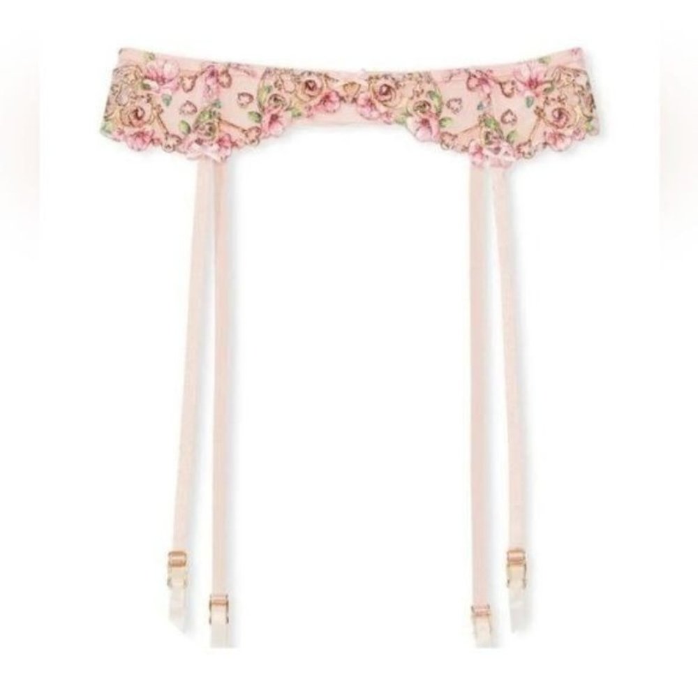 Victoria's Secret Dream Angels Pink Green Floral Embroidered Garter Belt - Picture 2 of 8